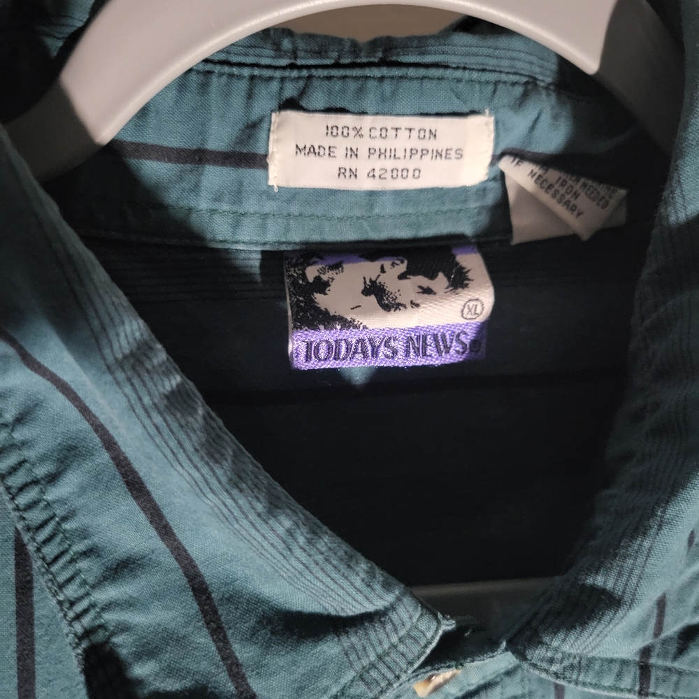 Vintage TODAYS NEWS Teal Striped Button-Up Shirt
